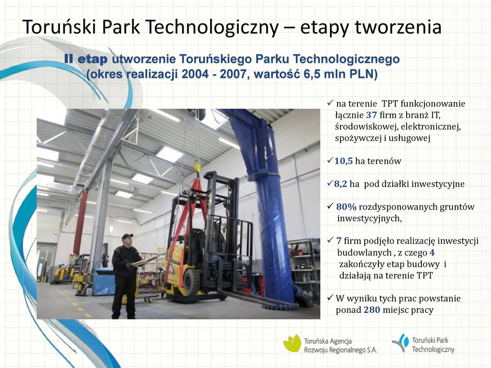 usługowej 10,5 ha terenów 8,2 ha pod działki inwestycyjne 80% rozdysponowanych gruntów inwestycyjnych, 7 firm podjęło realizację