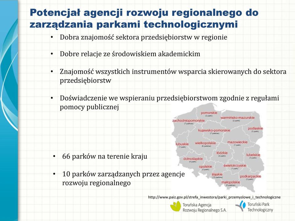 przedsiębiorstw Doświadczenie we wspieraniu przedsiębiorstwom zgodnie z regułami pomocy publicznej 66 parków na terenie