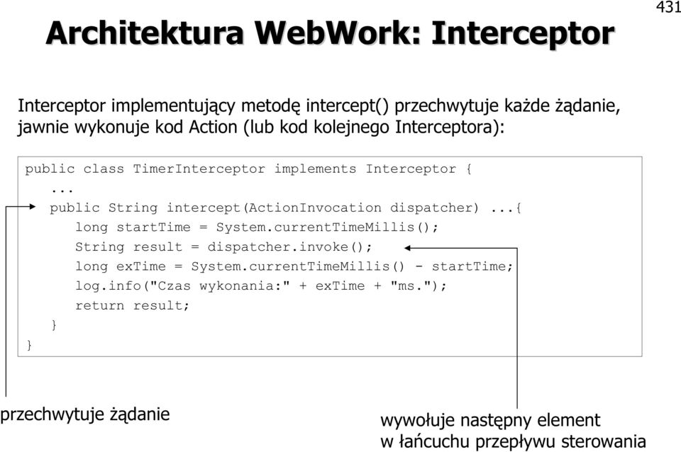 .. public String intercept(actioninvocation dispatcher)...{ long starttime = System.currentTimeMillis(); String result = dispatcher.
