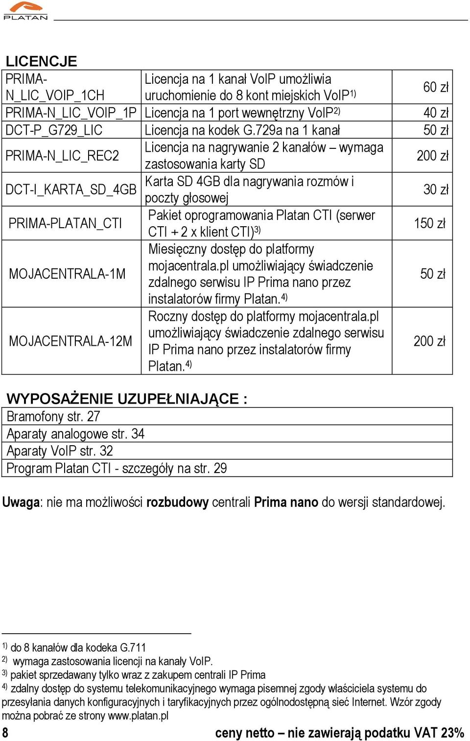 729a na 1 kanał 50 zł PRIMA-N_LIC_REC2 Licencja na nagrywanie 2 kanałów wymaga zastosowania karty SD 200 zł Karta SD 4GB dla nagrywania rozmów i DCT-I_KARTA_SD_4GB poczty głosowej 30 zł