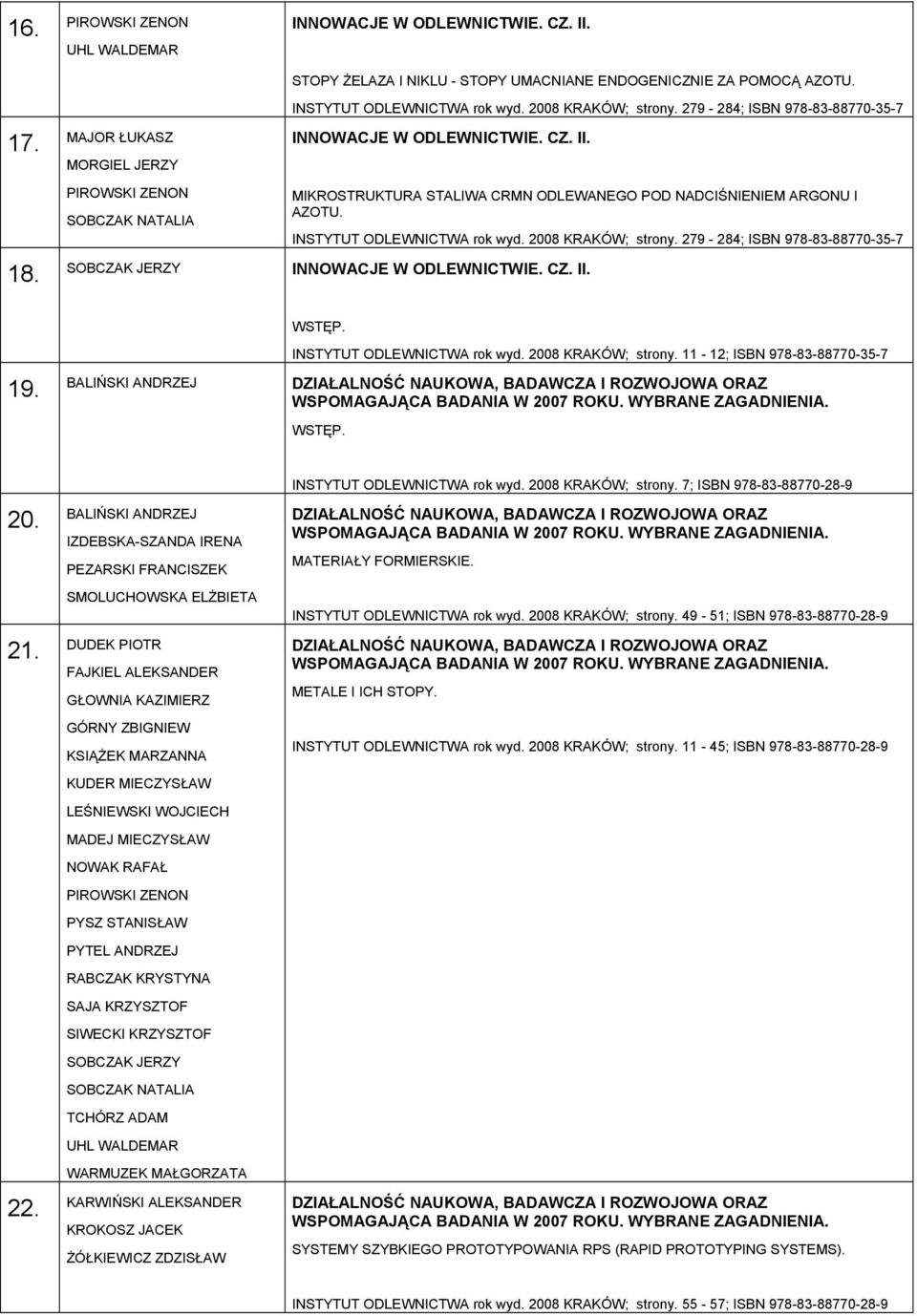 279-284; ISBN 978-83-88770-35-7 18. WSTĘP. INSTYTUT ODLEWNICTWA rok wyd. 2008 KRAKÓW; strony. 11-12; ISBN 978-83-88770-35-7 19.