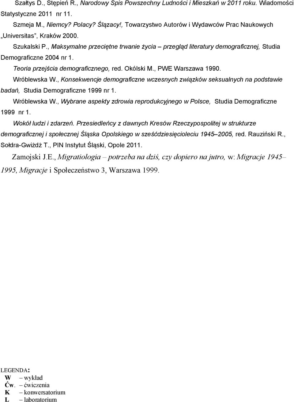 Teoria przejścia demograficznego, red. Okólski M., PWE Warszawa 1990. Wróblewska W., Konsekwencje demograficzne wczesnych związków seksualnych na podstawie badań, Studia Demograficzne 1999 nr 1.