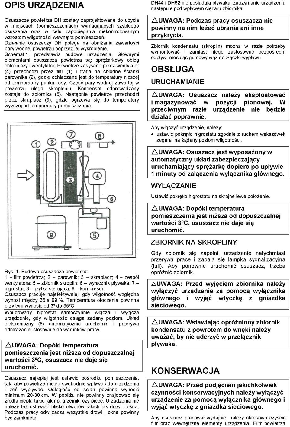 Głównymi elementami osuszacza powietrza są: sprężarkowy obieg chłodniczy i wentylator.