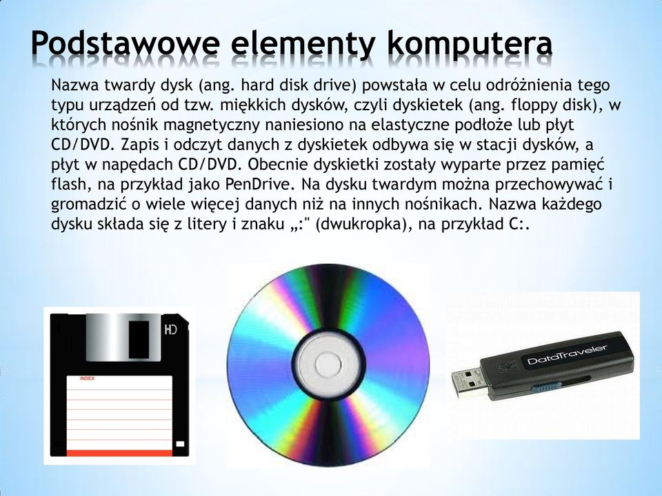 Zapis i odczyt danych z dyskietek odbywa się w stacji dysków, a płyt w napędach CD/DVD.