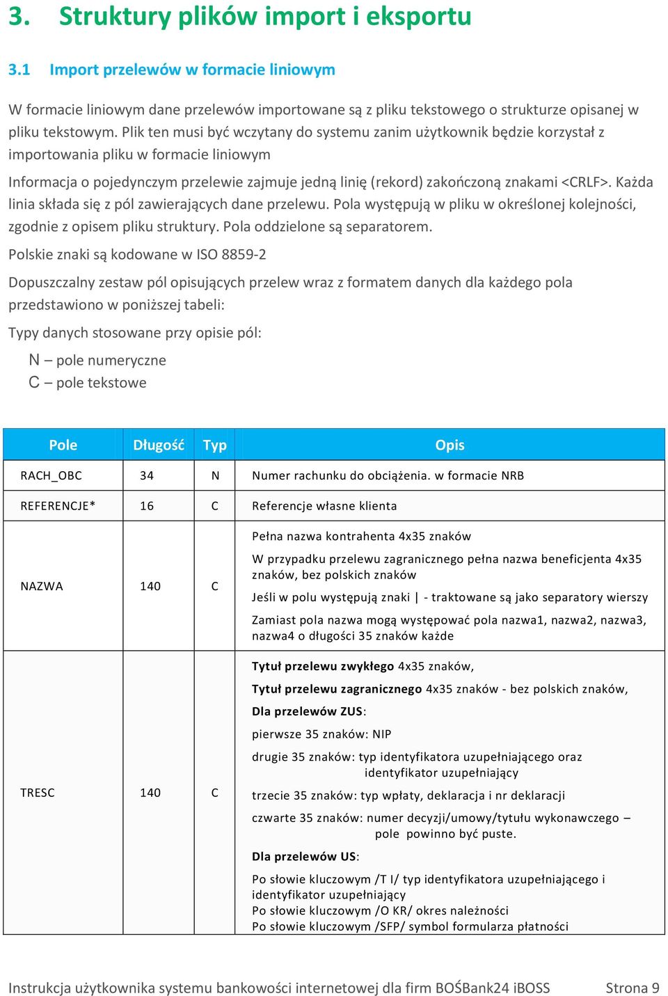 <CRLF>. Każda linia składa się z pól zawierających dane przelewu. Pola występują w pliku w określonej kolejności, zgodnie z opisem pliku struktury. Pola oddzielone są separatorem.