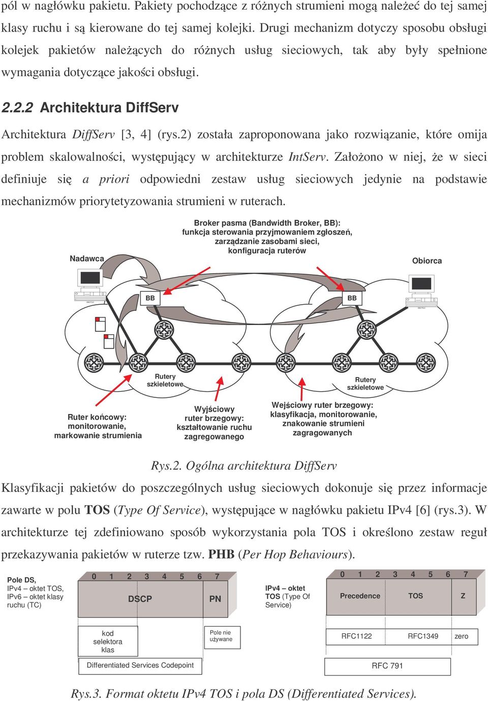 2.2 Architektura DiffServ Architektura DiffServ [3, 4] (rys.2) została zaproponowana jako rozwi zanie, które omija problem skalowalno ci, wyst puj cy w architekturze IntServ.