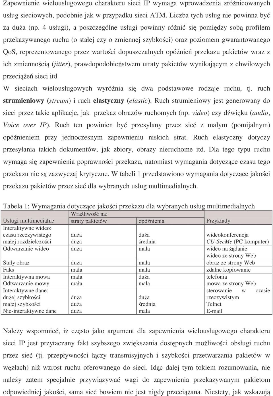 dopuszczalnych opó nie przekazu pakietów wraz z ich zmienno ci (jitter), prawdopodobie stwem utraty pakietów wynikaj cym z chwilowych przeci e sieci itd.