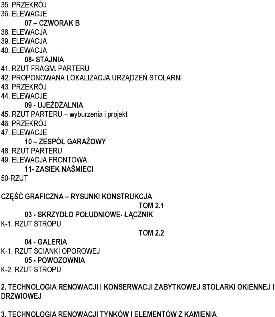 ELEWACJA FRONTOWA 11- ZASIEK NAᖠMIECI 50-RZUT CZᆀᖠ GRAFICZNA RYSUNKI KONSTRUKCJA TOM 2.1 03 - SKRZYDᐐO POᐐUDNIOWE- ᐐ၀CZNIK K-1. RZUT STROPU TOM 2.2 04 - GALERIA K-1.