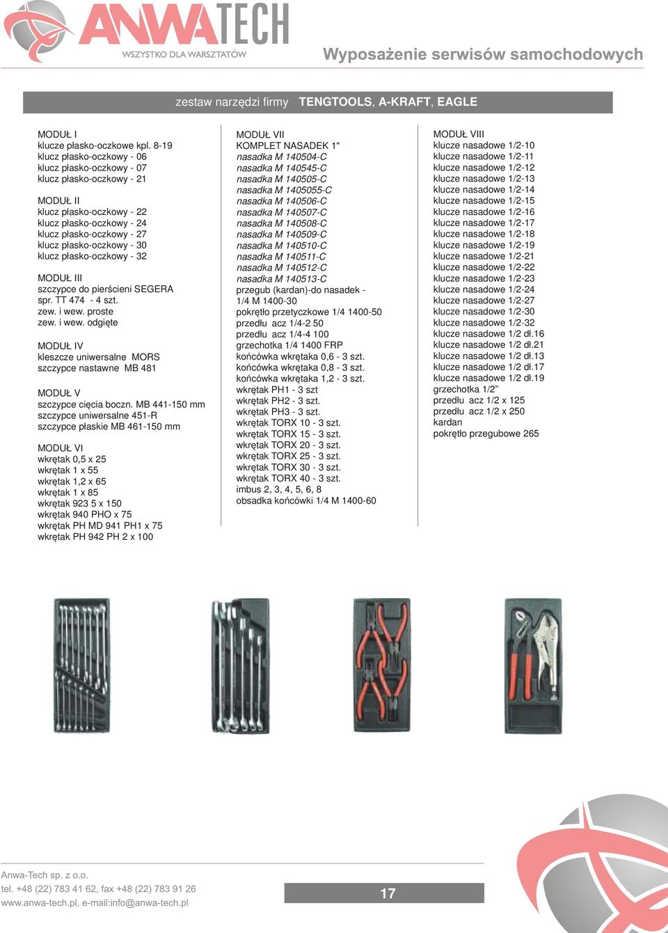 klucz płasko-oczkowy - 32 MODUŁ III szczypce do pierścieni SEGERA spr. TT 474-4 szt. zew. i wew. proste zew. i wew. odgięte MODUŁ IV kleszcze uniwersalne MORS szczypce nastawne MB 481 MODUŁ V szczypce cięcia boczn.