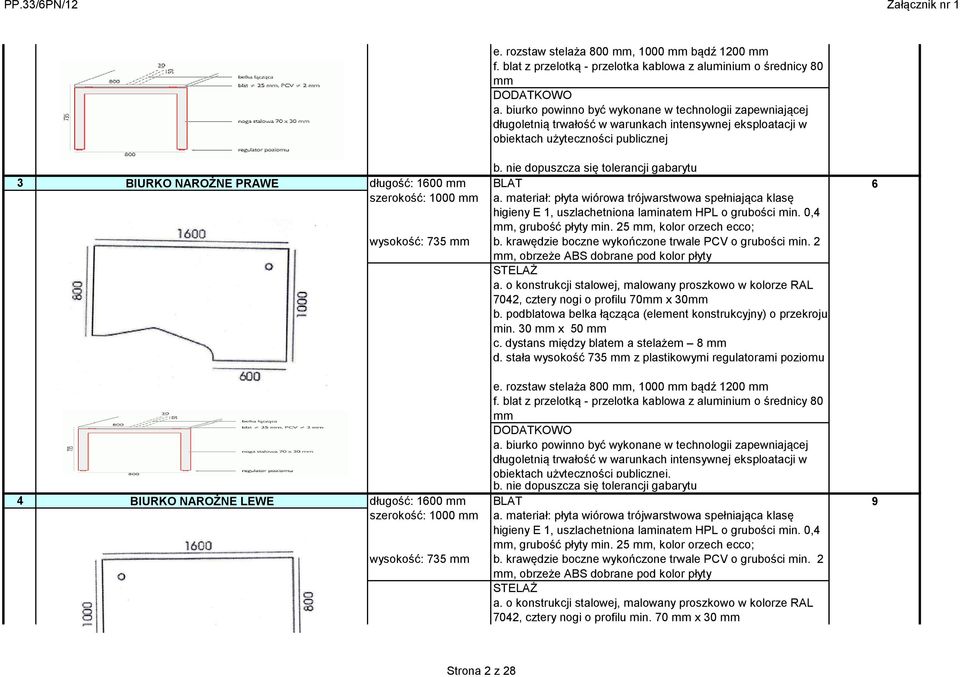 materiał: płyta wiórowa trójwarstwowa spełniająca klasę higieny E 1, uszlachetniona laminatem HPL o grubości min. 0,4 mm, grubość płyty min. 25 mm, kolor orzech ecco; wysokość: 735 mm b.