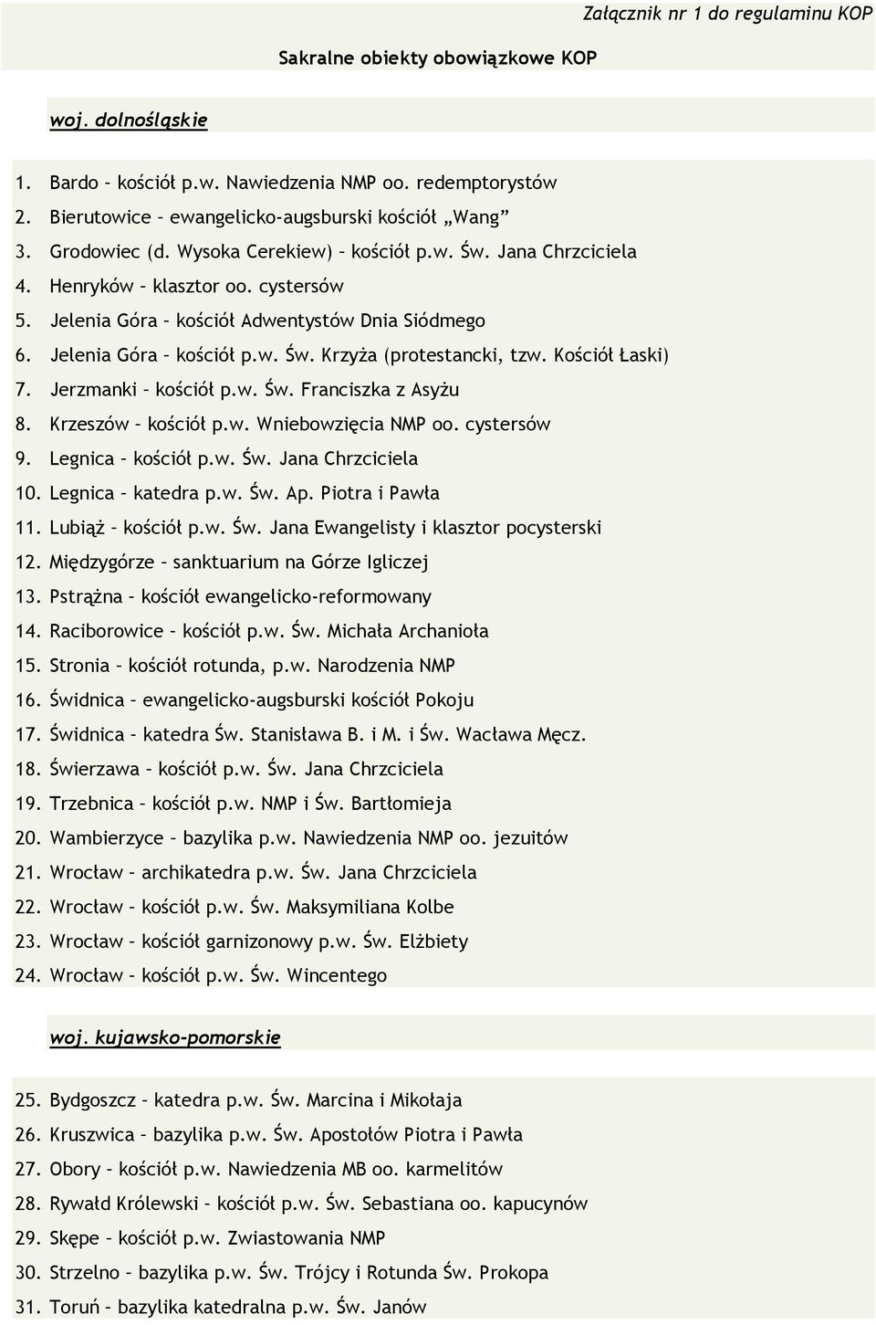 Kościół Łaski) 7. Jerzmanki kościół p.w. Św. Franciszka z Asyżu 8. Krzeszów kościół p.w. Wniebowzięcia NMP oo. cystersów 9. Legnica kościół p.w. Św. Jana Chrzciciela 10. Legnica katedra p.w. Św. Ap.