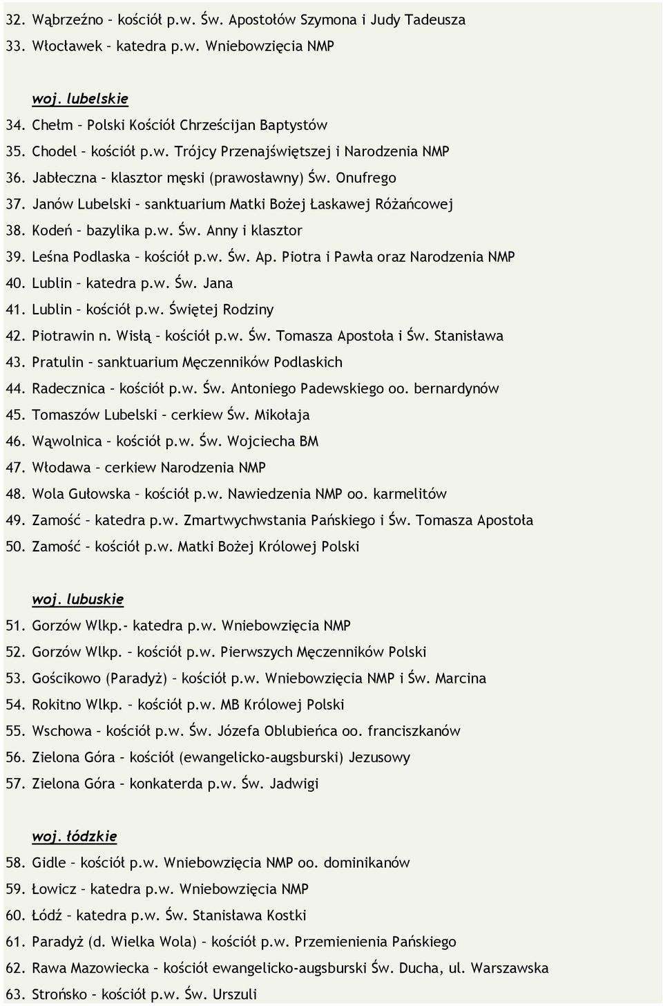 Piotra i Pawła oraz Narodzenia NMP 40. Lublin katedra p.w. Św. Jana 41. Lublin kościół p.w. Świętej Rodziny 42. Piotrawin n. Wisłą kościół p.w. Św. Tomasza Apostoła i Św. Stanisława 43.