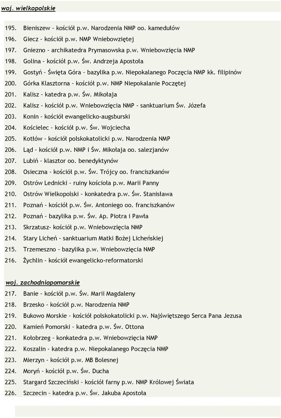 Kalisz katedra p.w. Św. Mikołaja 202. Kalisz kościół p.w. Wniebowzięcia NMP sanktuarium Św. Józefa 203. Konin kościół ewangelicko-augsburski 204. Kościelec kościół p.w. Św. Wojciecha 205.