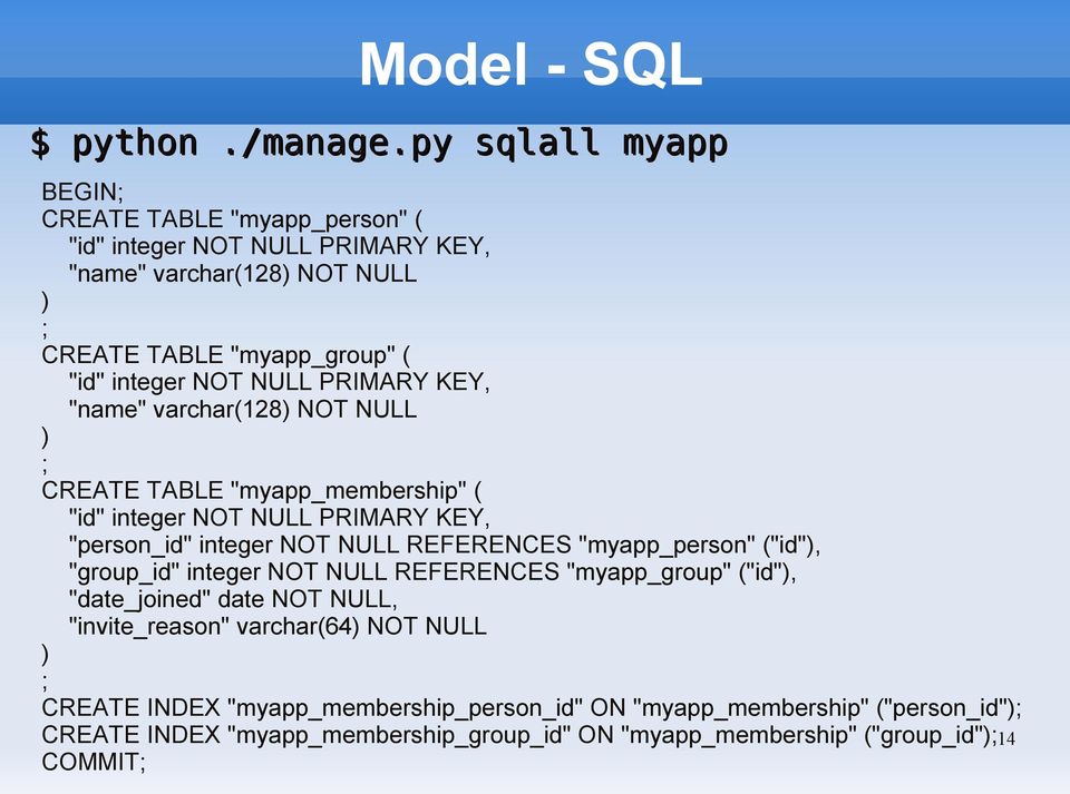 NULL PRIMARY KEY, "name" varchar(128) NOT NULL ) ; CREATE TABLE "myapp_membership" ( "id" integer NOT NULL PRIMARY KEY, "person_id" integer NOT NULL REFERENCES