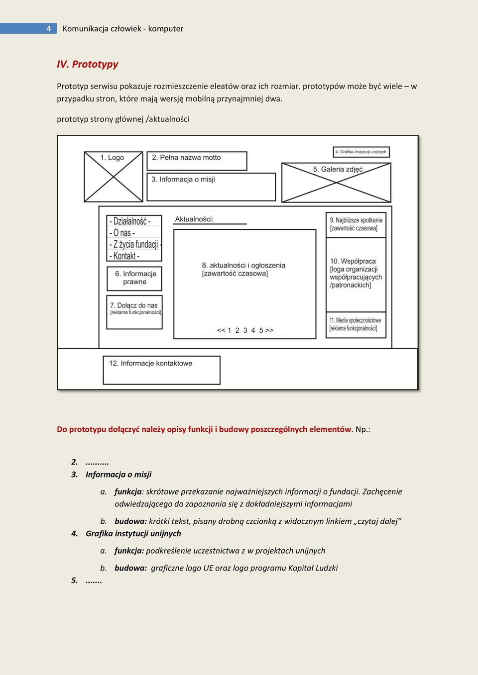 prototyp strony głównej /aktualności Do prototypu dołączyć należy opisy funkcji i budowy poszczególnych elementów. Np.: 2.... 3. Informacja o misji a.