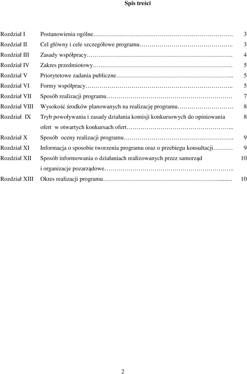 8 Rozdział IX Tryb powoływania i zasady działania komisji konkursowych do opiniowania 8 ofert w otwartych konkursach ofert... Rozdział X Sposób oceny realizacji programu.