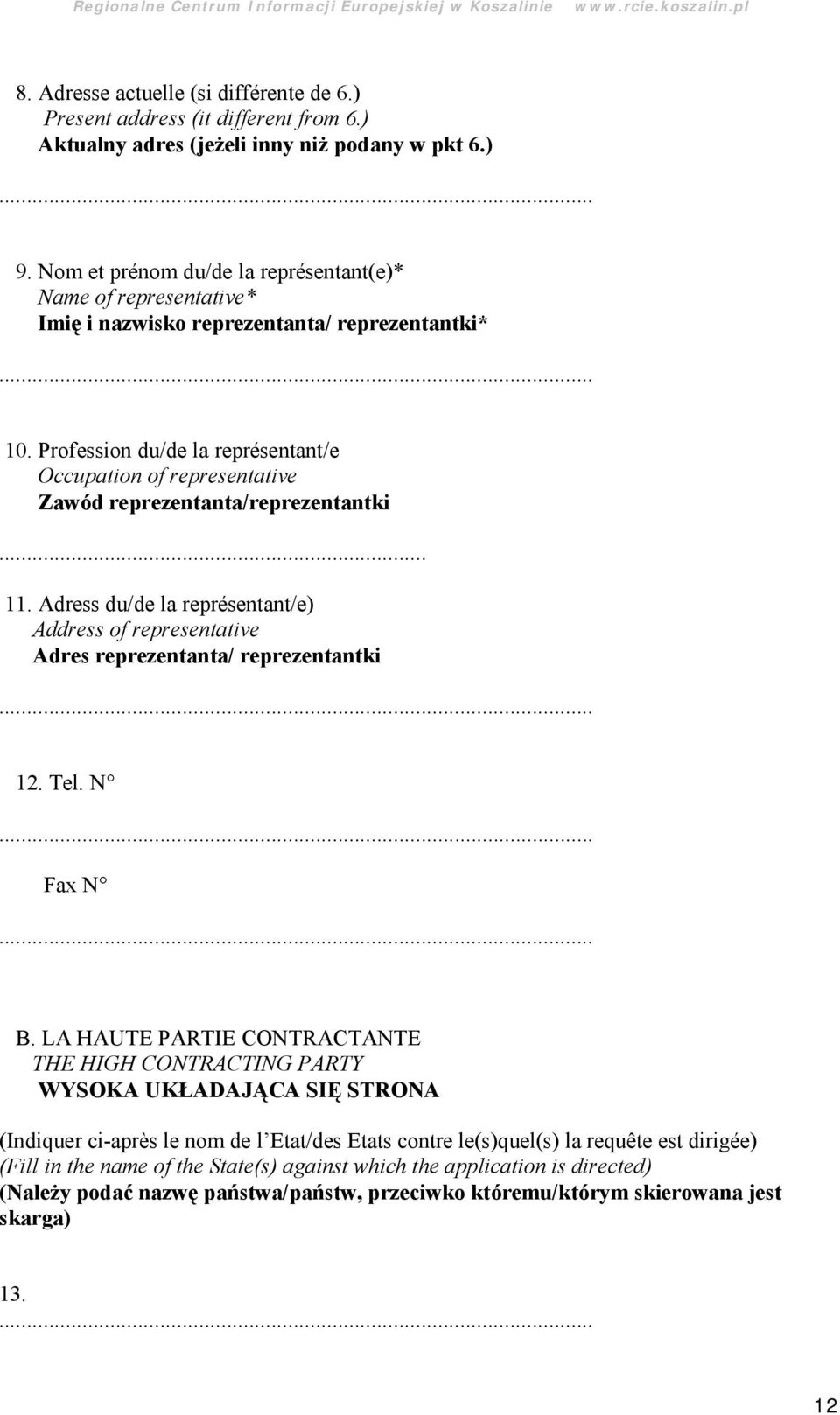 Profession du/de la représentant/e Occupation of representative Zawód reprezentanta/reprezentantki... 11.