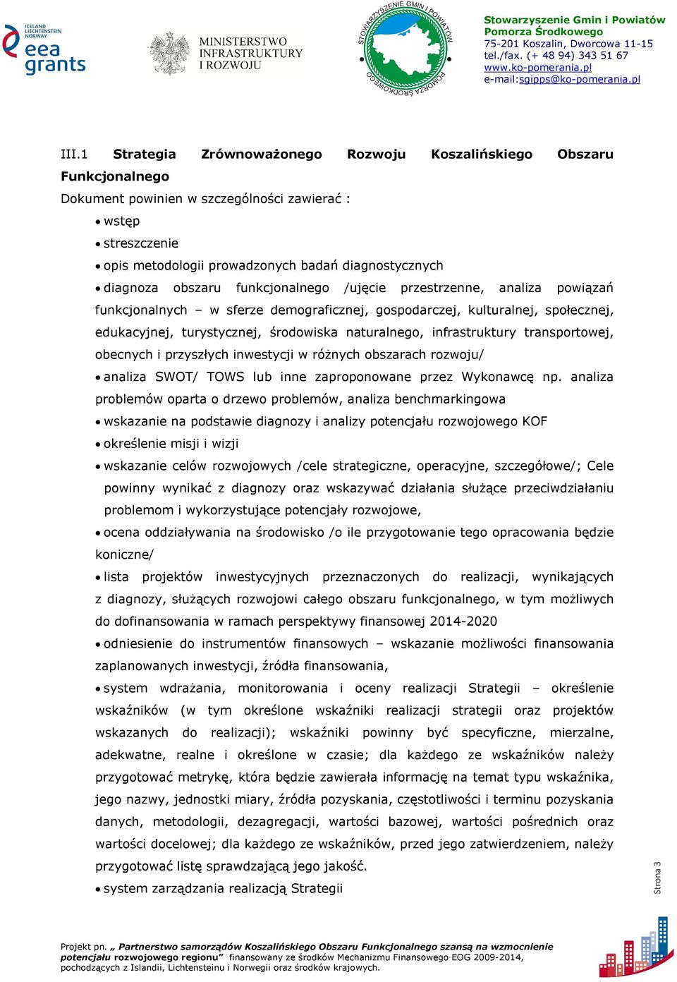 naturalnego, infrastruktury transportowej, obecnych i przyszłych inwestycji w różnych obszarach rozwoju/ analiza SWOT/ TOWS lub inne zaproponowane przez Wykonawcę np.