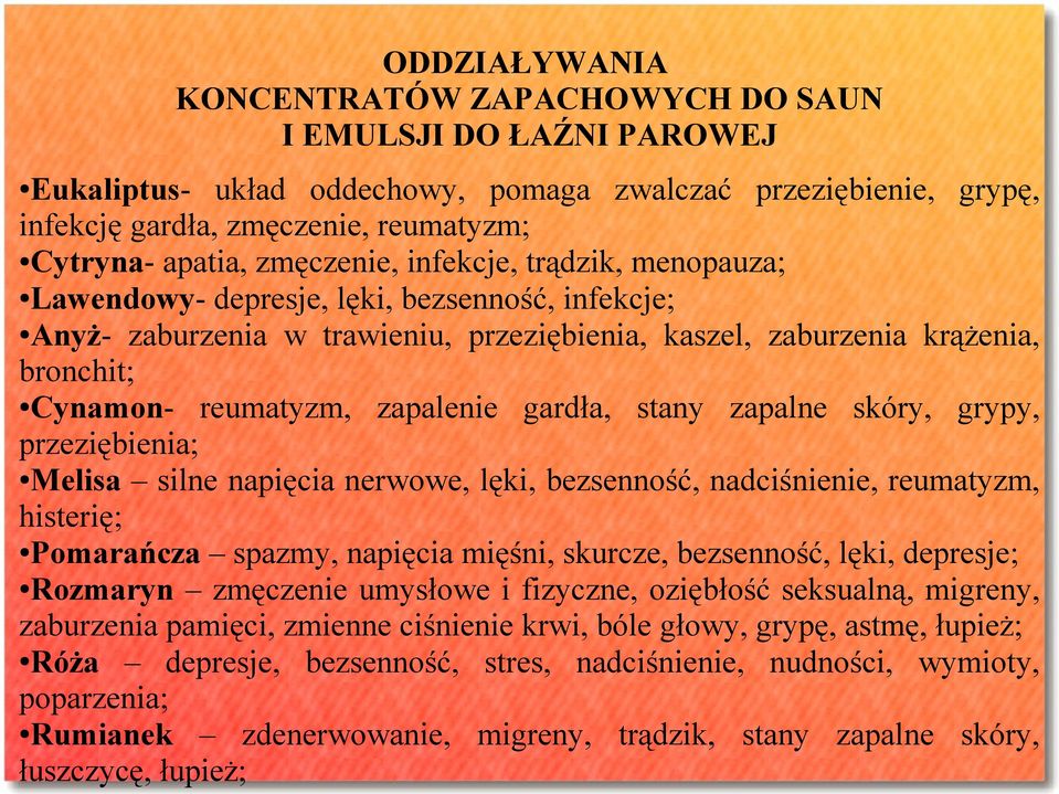 zapalenie gardła, stany zapalne skóry, grypy, przeziębienia; Melisa silne napięcia nerwowe, lęki, bezsenność, nadciśnienie, reumatyzm, histerię; Pomarańcza spazmy, napięcia mięśni, skurcze,