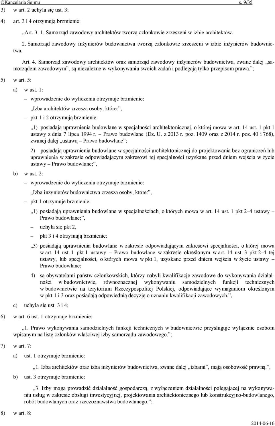 ; 5) w art. 5: a) w ust. 1: wprowadzenie do wyliczenia otrzymuje brzmienie: Izba architektów zrzesza osoby, które:, pkt 1 i 2 otrzymują brzmienie: b) w ust.