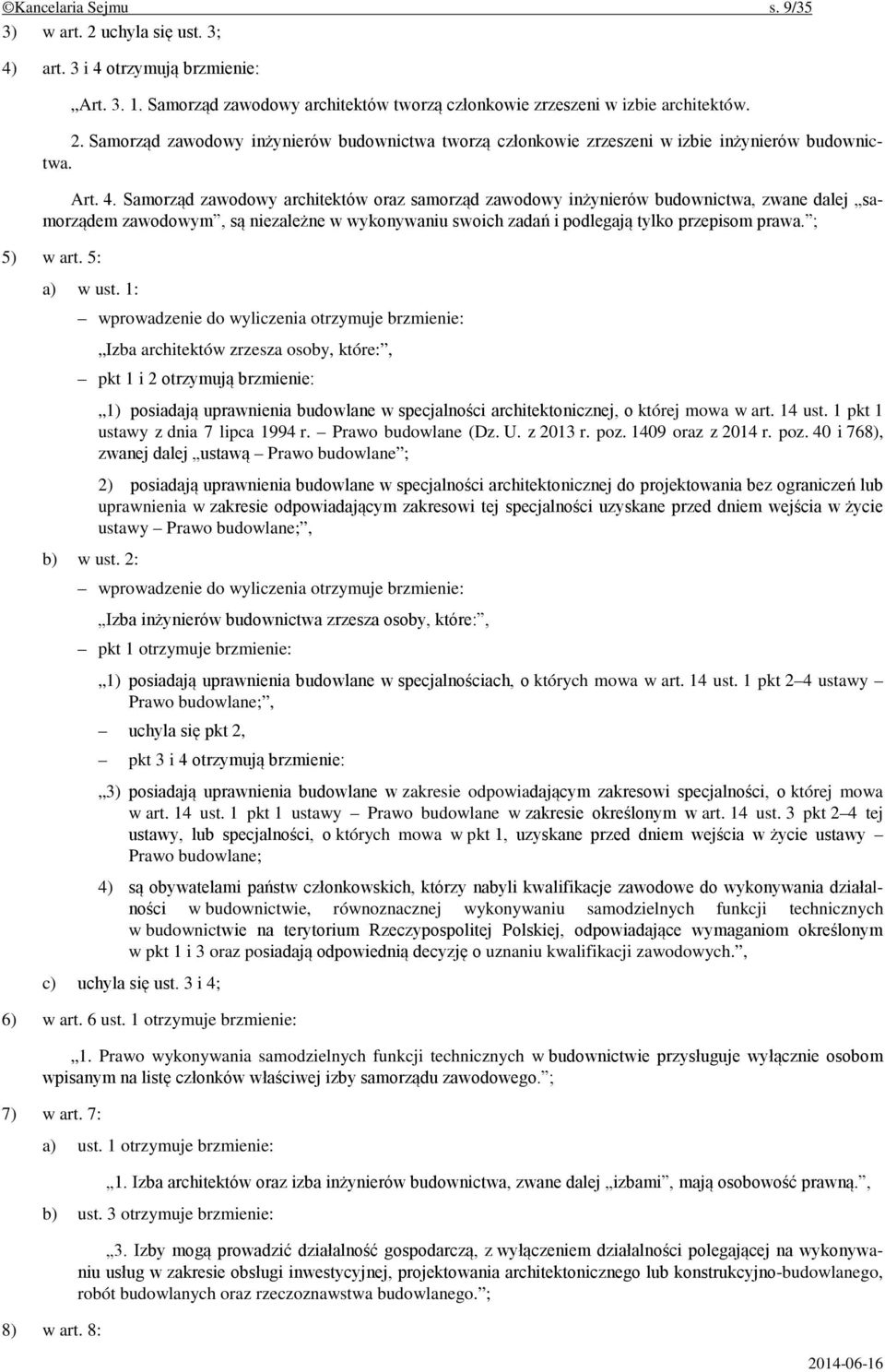 ; 5) w art. 5: a) w ust. 1: wprowadzenie do wyliczenia otrzymuje brzmienie: Izba architektów zrzesza osoby, które:, pkt 1 i 2 otrzymują brzmienie: b) w ust.