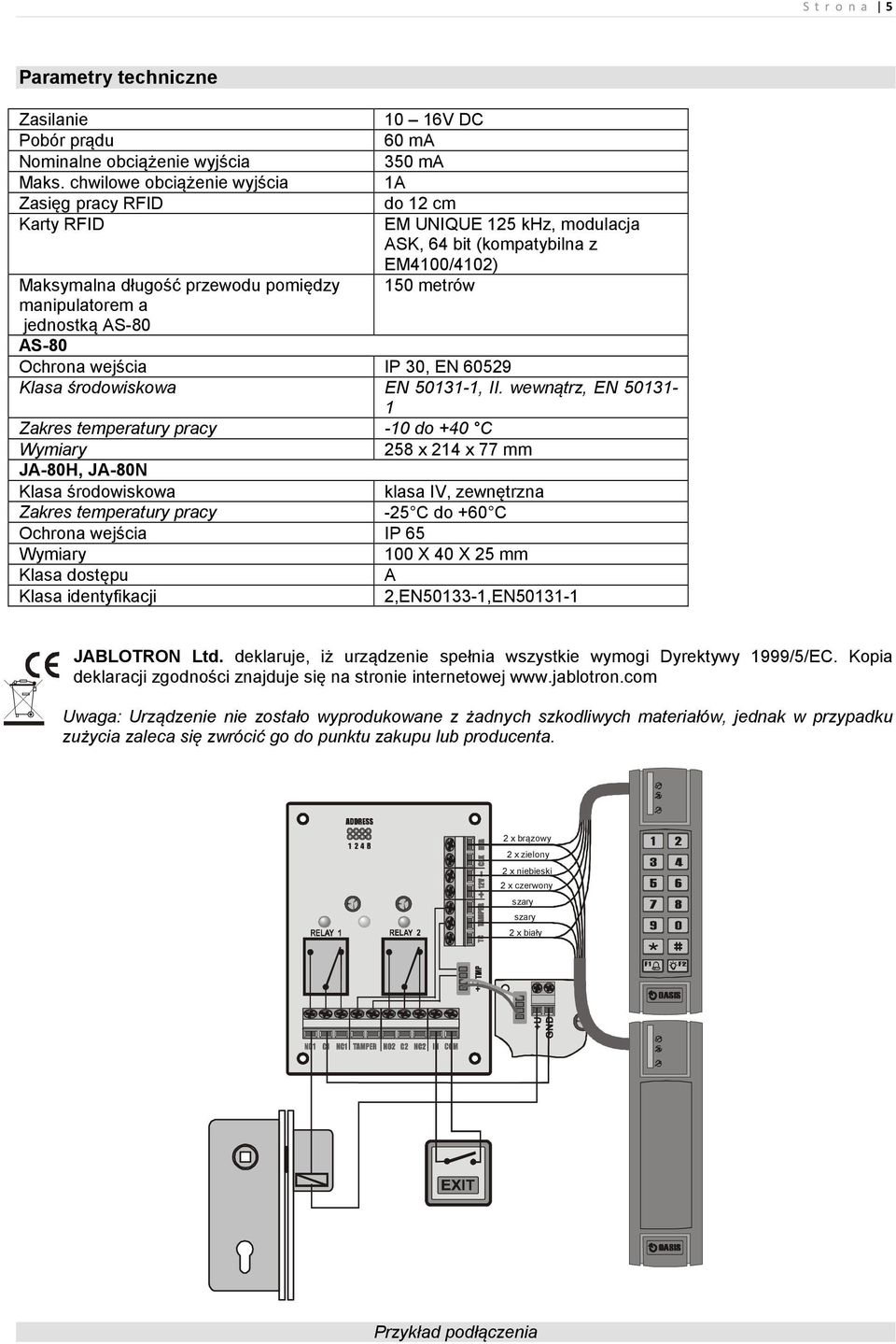 bit (kompatybilna z EM4100/4102) 150 metrów AS-80 Ochrona wejścia IP 30, EN 60529 Klasa środowiskowa EN 50131-1, II.