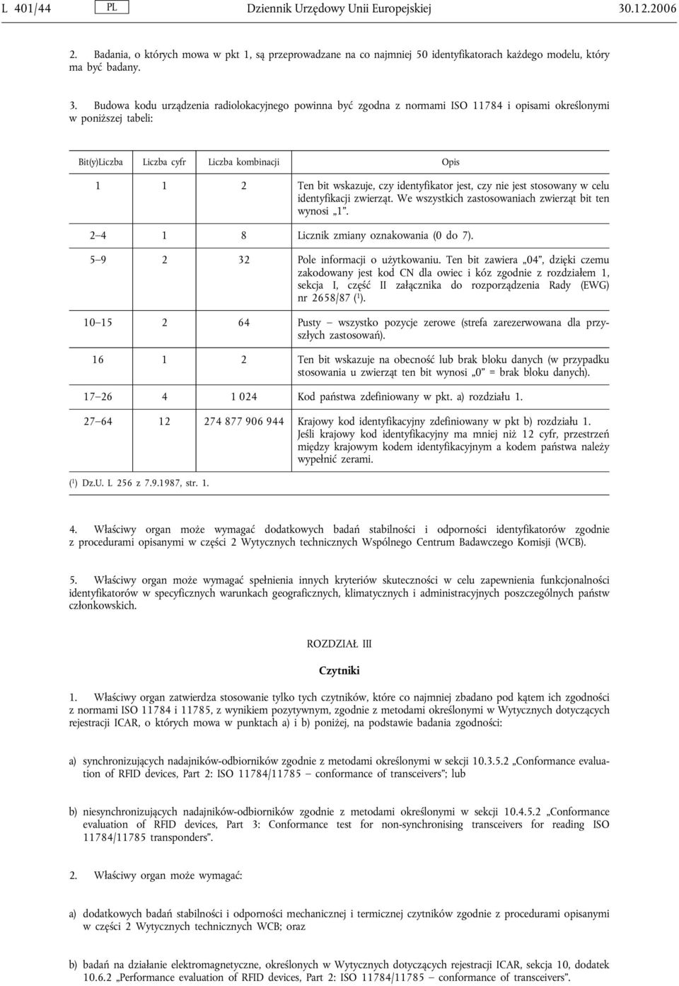 Budowa kodu urządzenia radiolokacyjnego powinna być zgodna z normami ISO 11784 i opisami określonymi w poniższej tabeli: Bit(y)Liczba Liczba cyfr Liczba kombinacji Opis 1 1 2 Ten bit wskazuje, czy