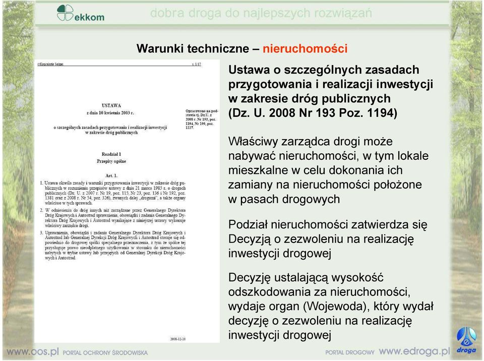 pasach drogowych Podział nieruchomości zatwierdza się Decyzją o zezwoleniu na realizację inwestycji drogowej Decyzję ustalającą wysokość