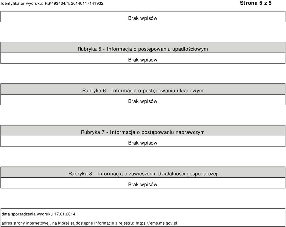 Informacja o zawieszeniu działalności gospodarczej data sporządzenia wydruku 17.01.