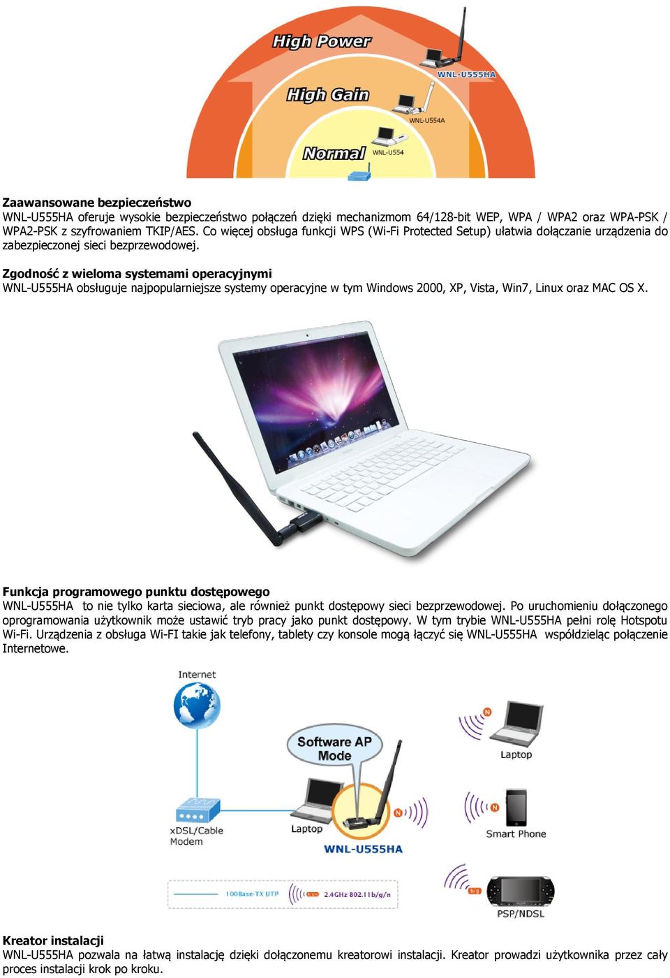 Zgodność z wieloma systemami operacyjnymi WNL-U555HA obsługuje najpopularniejsze systemy operacyjne w tym Windows 2000, XP, Vista, Win7, Linux oraz MAC OS X.