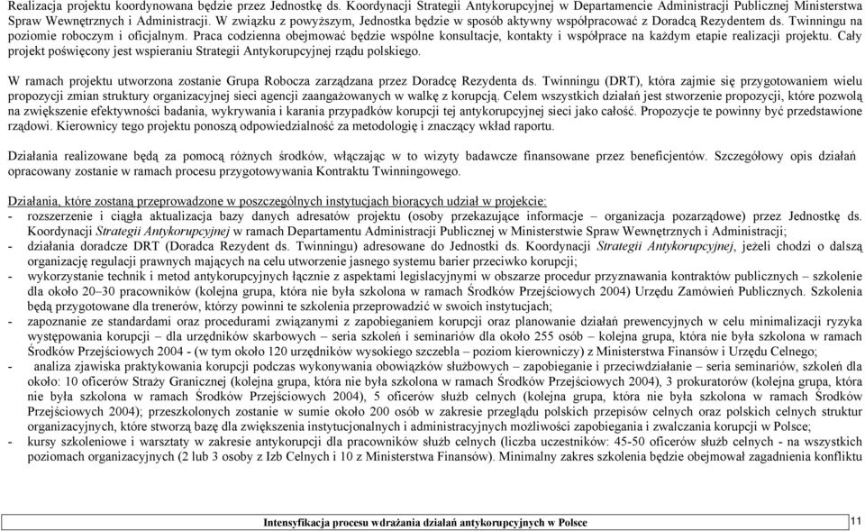 Praca codzienna obejmować będzie wspólne konsultacje, kontakty i współprace na każdym etapie realizacji projektu. Cały projekt poświęcony jest wspieraniu Strategii Antykorupcyjnej rządu polskiego.