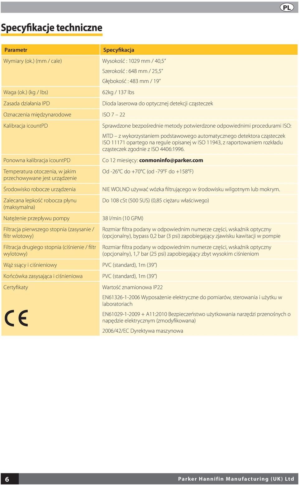 otoczenia, w jakim przechowywane jest urządzenie Środowisko robocze urządzenia Zalecana lepkość robocza płynu (maksymalna) Natężenie przepływu pompy Filtracja pierwszego stopnia (zasysanie / filtr