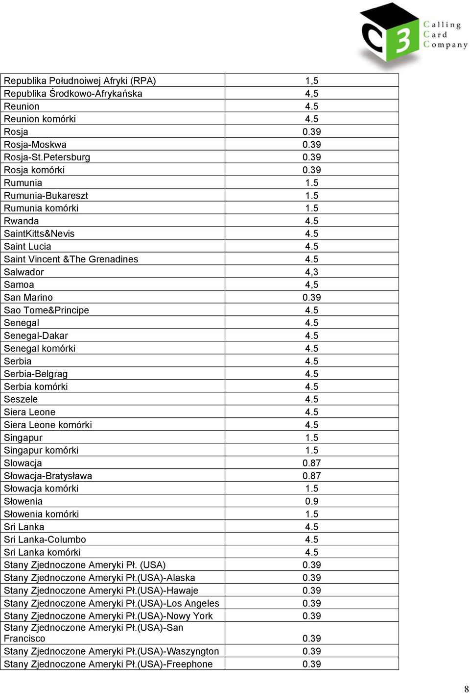 5 Senegal-Dakar 4.5 Senegal komórki 4.5 Serbia 4.5 Serbia-Belgrag 4.5 Serbia komórki 4.5 Seszele 4.5 Siera Leone 4.5 Siera Leone komórki 4.5 Singapur 1.5 Singapur komórki 1.5 Slowacja 0.