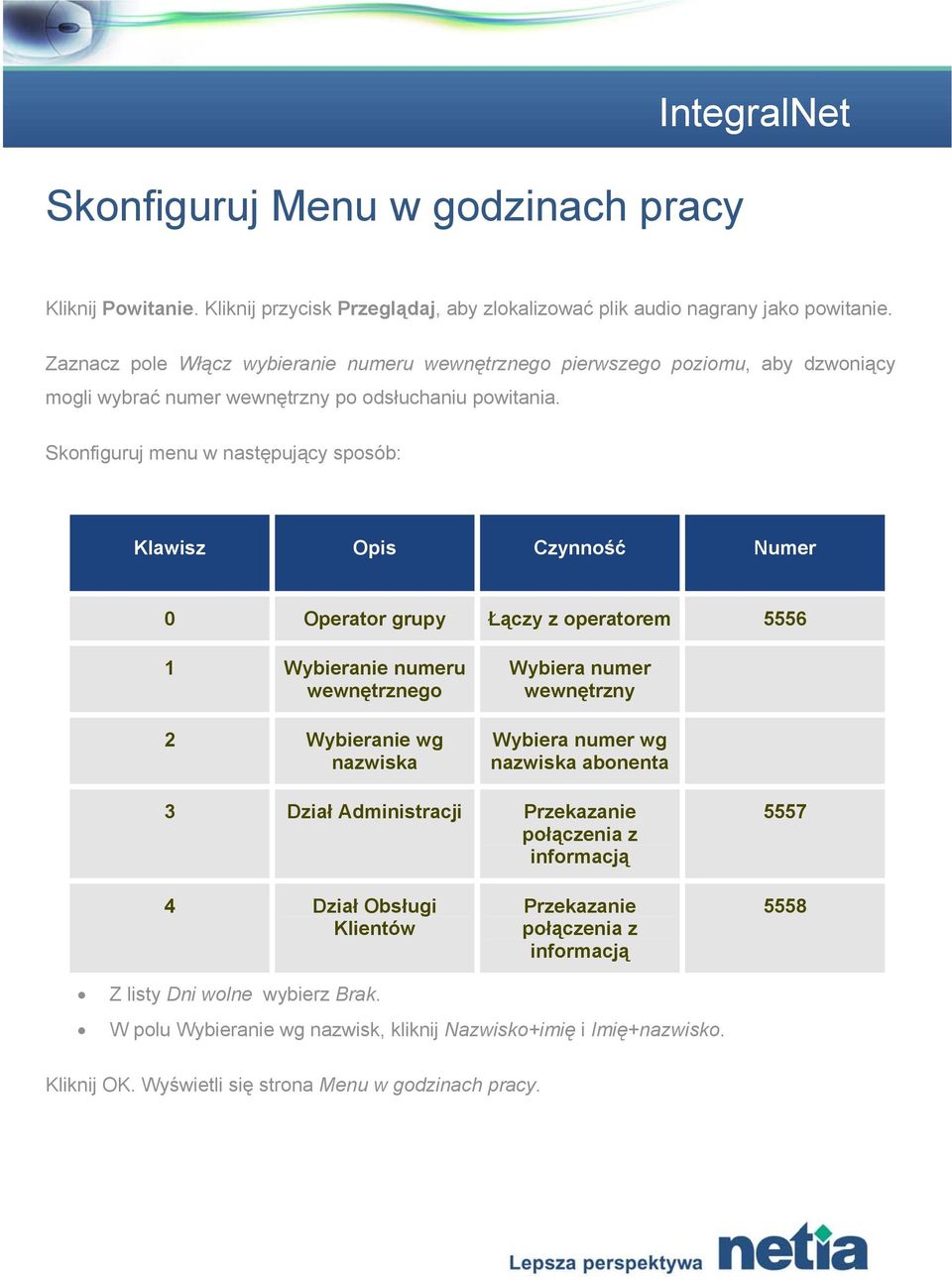 Skonfiguruj menu w następujący sposób: Klawisz Opis Czynność Numer 0 Operator grupy Łączy z operatorem 5556 1 Wybieranie numeru wewnętrznego 2 Wybieranie wg nazwiska Wybiera numer wewnętrzny Wybiera