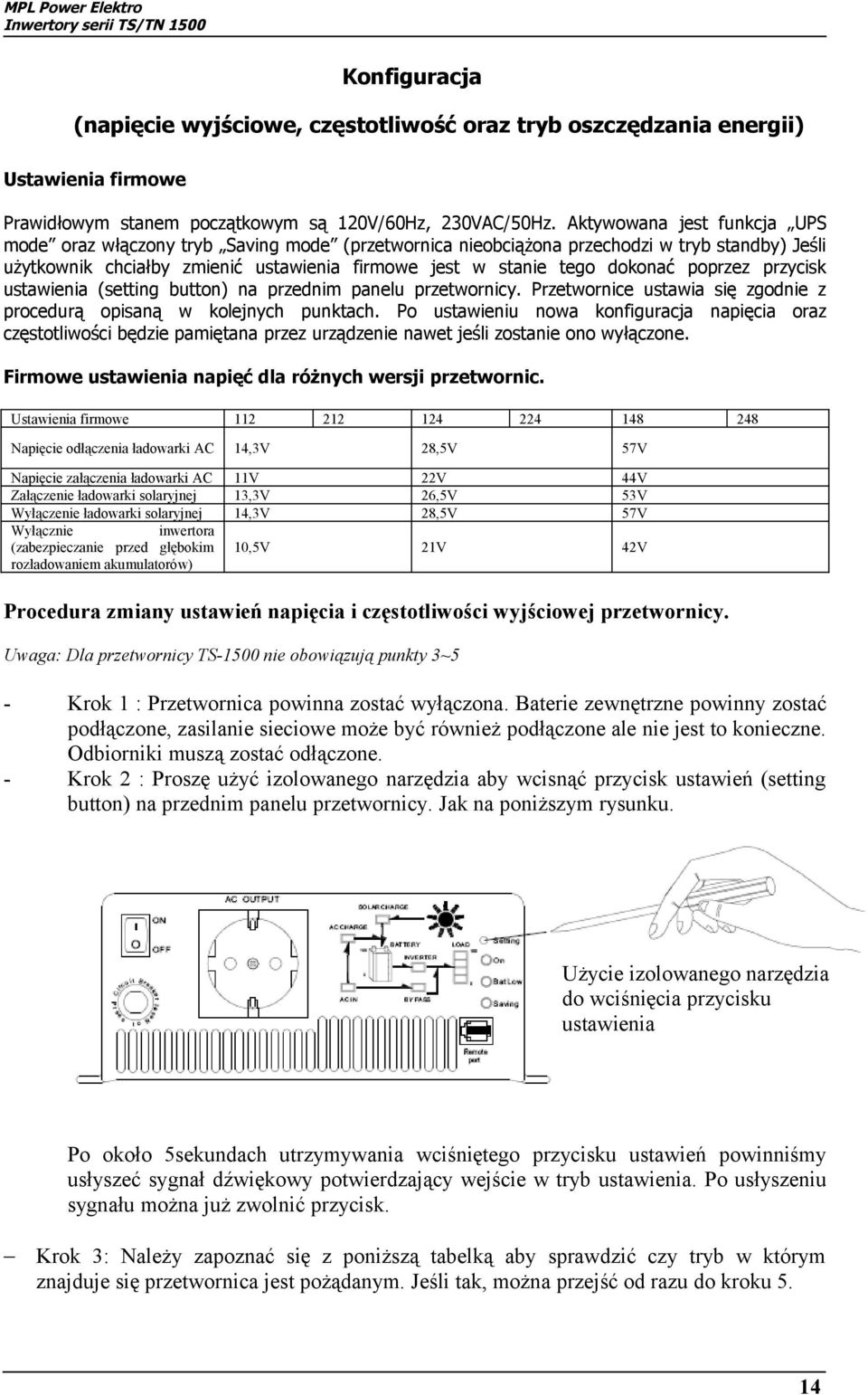 poprzez przycisk ustawienia (setting button) na przednim panelu przetwornicy. Przetwornice ustawia się zgodnie z procedurą opisaną w kolejnych punktach.