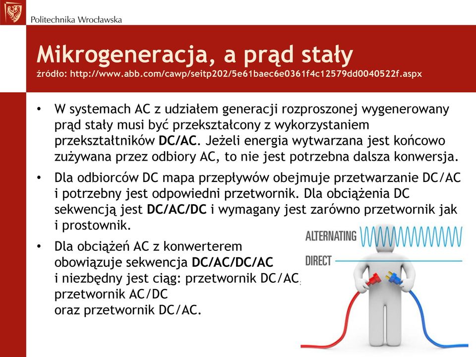 Jeżeli energia wytwarzana jest końcowo zużywana przez odbiory AC, to nie jest potrzebna dalsza konwersja.