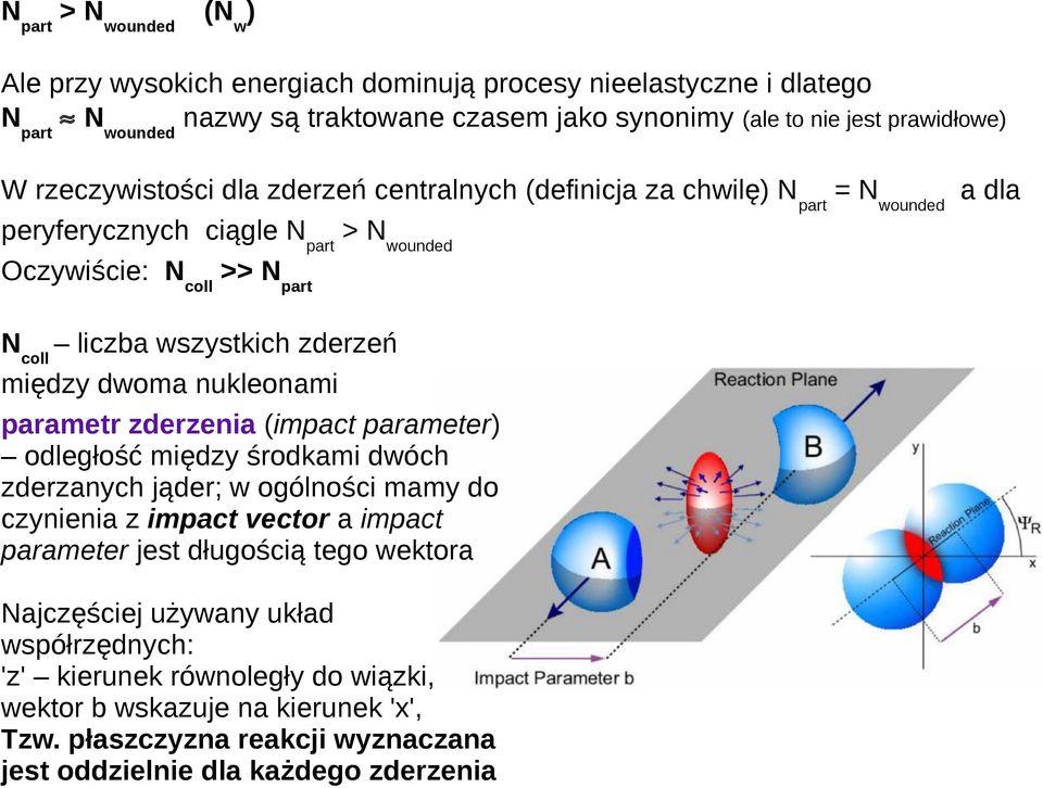 między dwoma nukleonami parametr zderzenia (impact parameter) odległość między środkami dwóch zderzanych jąder; w ogólności mamy do czynienia z impact vector a impact parameter jest