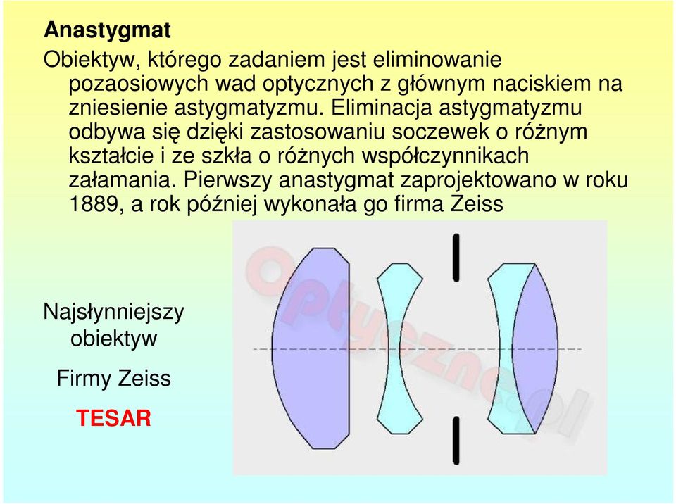 Eliminacja astygmatyzmu odbywa się dzięki zastosowaniu soczewek o różnym kształcie i ze szkła o