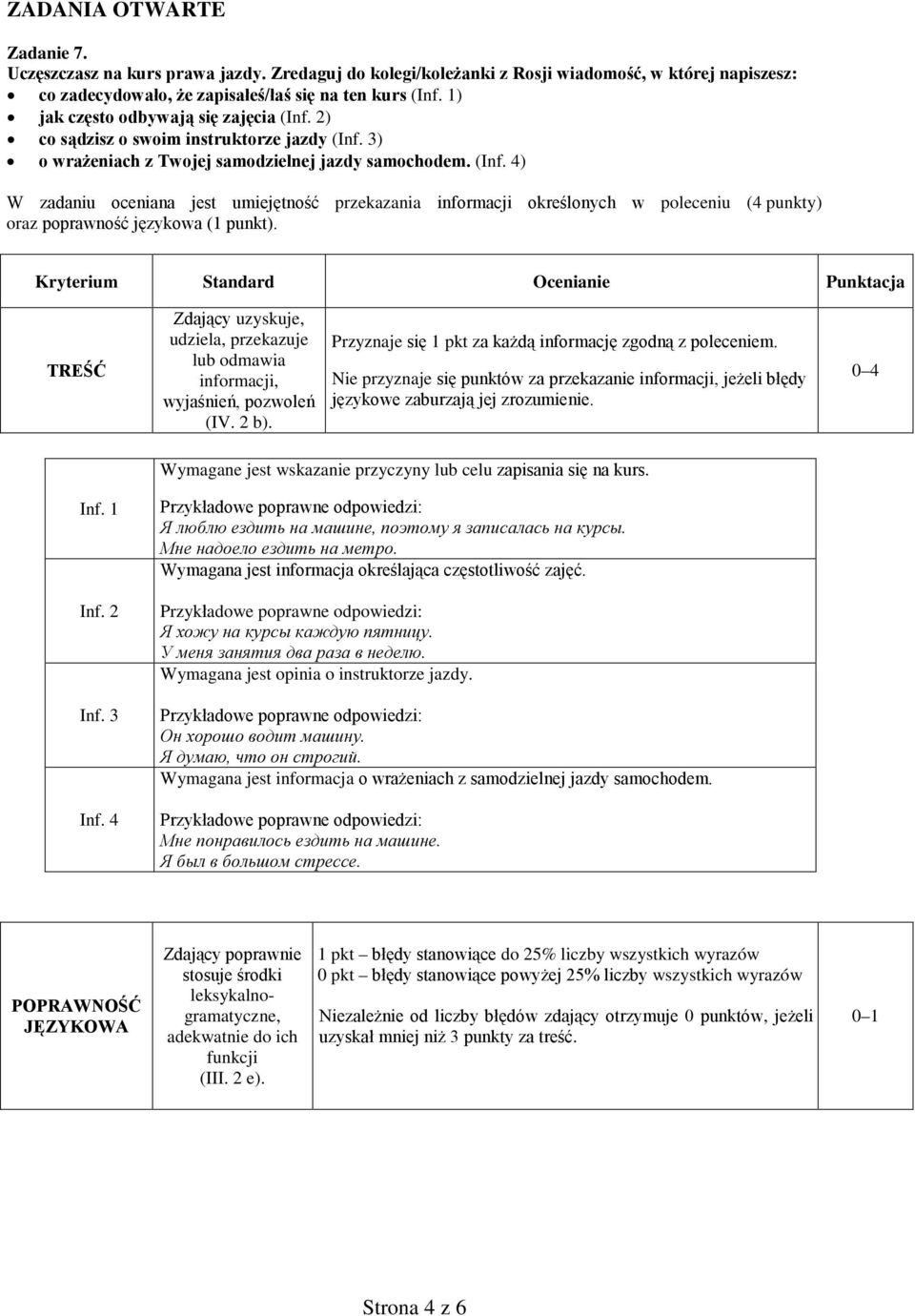 Kryterium Ocenianie Punktacja TREŚĆ Zdający uzyskuje, udziela, przekazuje lub odmawia informacji, wyjaśnień, pozwoleń (IV. 2 b). Przyznaje się 1 pkt za każdą informację zgodną z poleceniem.