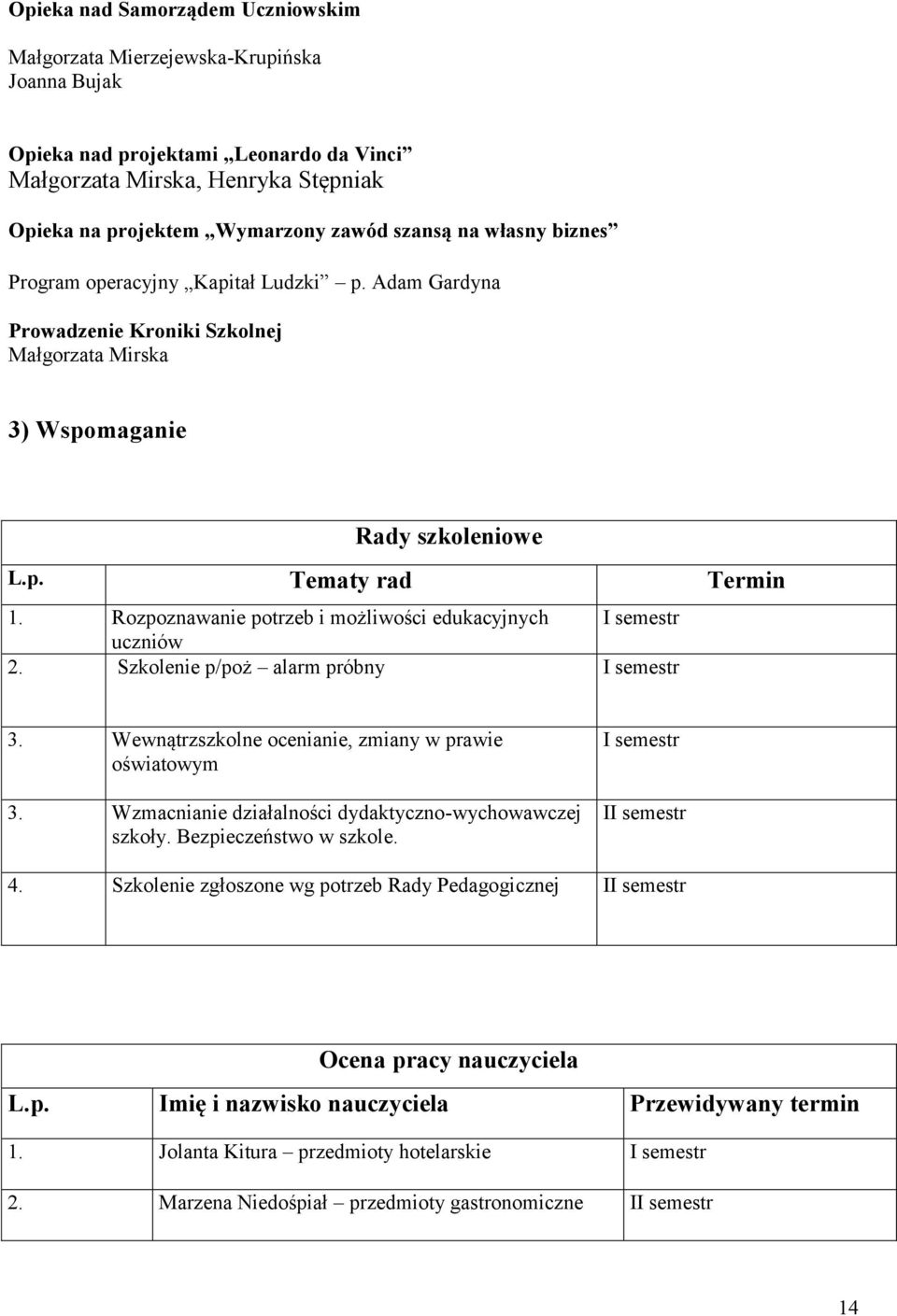 Rozpoznawanie potrzeb i możliwości edukacyjnych I semestr uczniów 2. Szkolenie p/poż alarm próbny I semestr 3. Wewnątrzszkolne ocenianie, zmiany w prawie oświatowym 3.