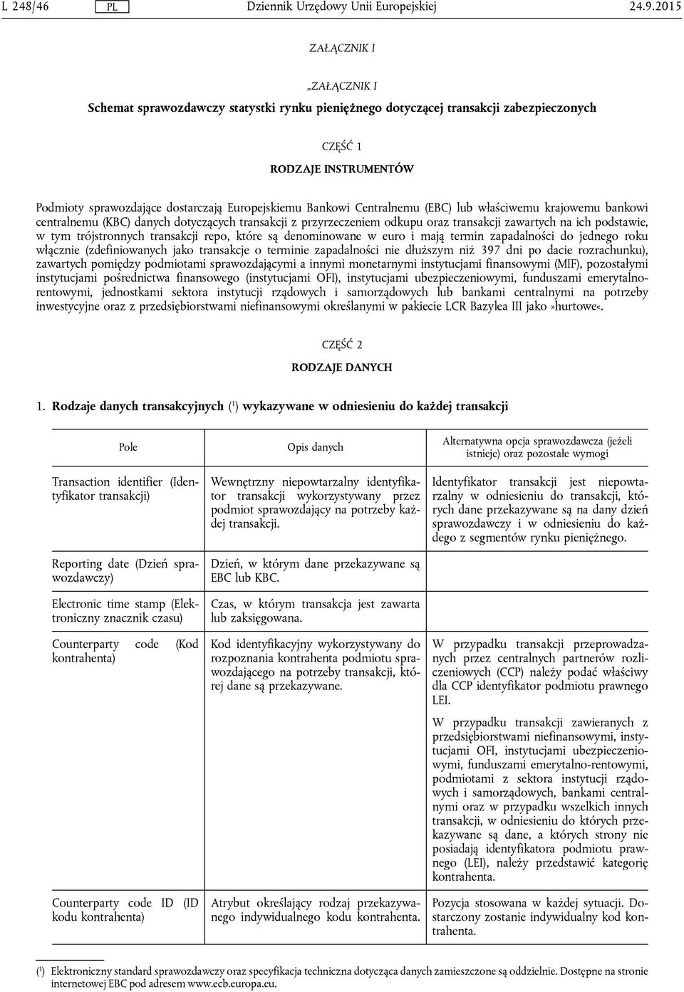 Bankowi Centralnemu (EBC) lub właściwemu krajowemu bankowi centralnemu (KBC) danych dotyczących transakcji z przyrzeczeniem odkupu oraz transakcji zawartych na ich podstawie, w tym trójstronnych