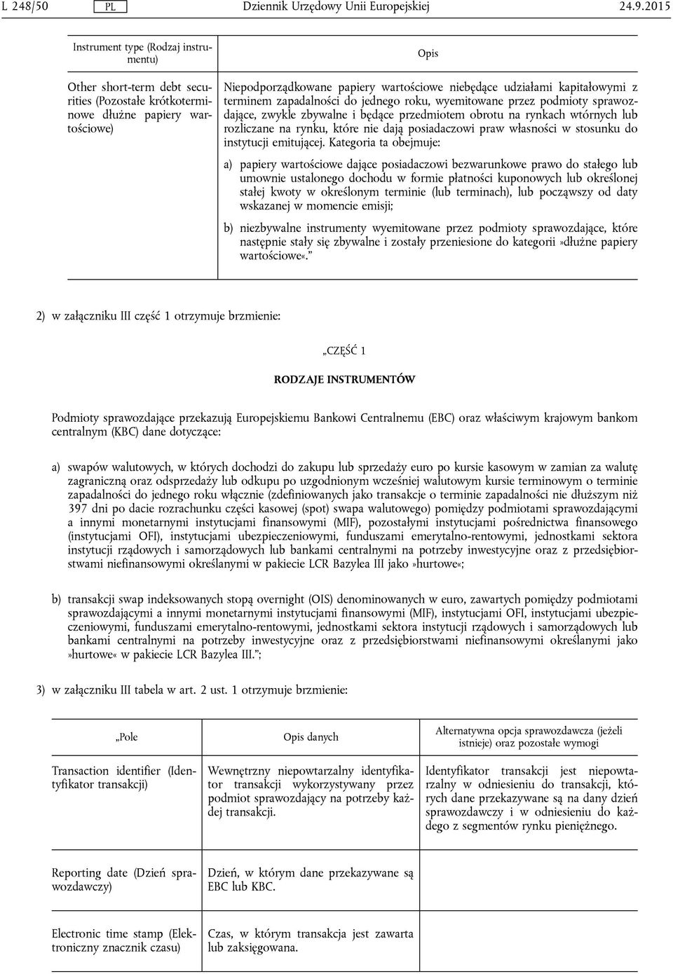 kapitałowymi z terminem zapadalności do jednego roku, wyemitowane przez podmioty sprawozdające, zwykle zbywalne i będące przedmiotem obrotu na rynkach wtórnych lub rozliczane na rynku, które nie dają