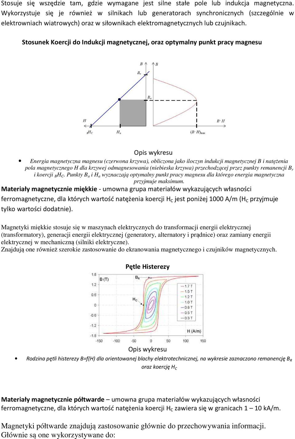 Stosunek Koercji do Indukcji magnetycznej, oraz optymalny punkt pracy magnesu Opis wykresu Energia magnetyczna magnesu (czerwona krzywa), obliczona jako iloczyn indukcji magnetycznej B i natężenia