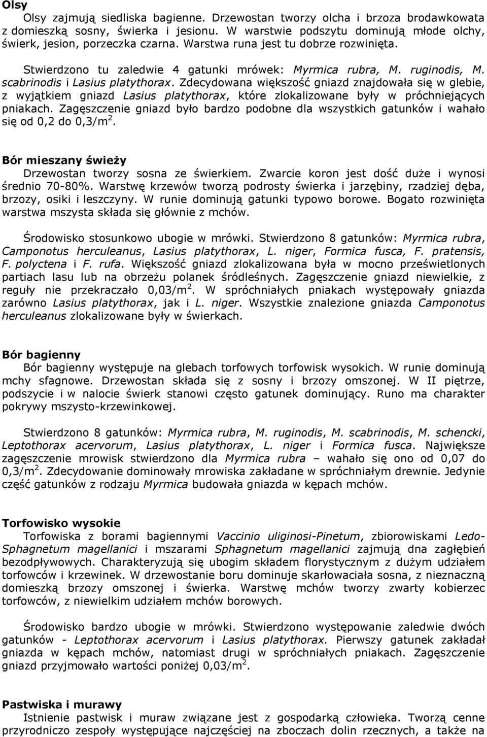 Zdecydowana większość gniazd znajdowała się w glebie, z wyjątkiem gniazd Lasius platythorax, które zlokalizowane były w próchniejących pniakach.