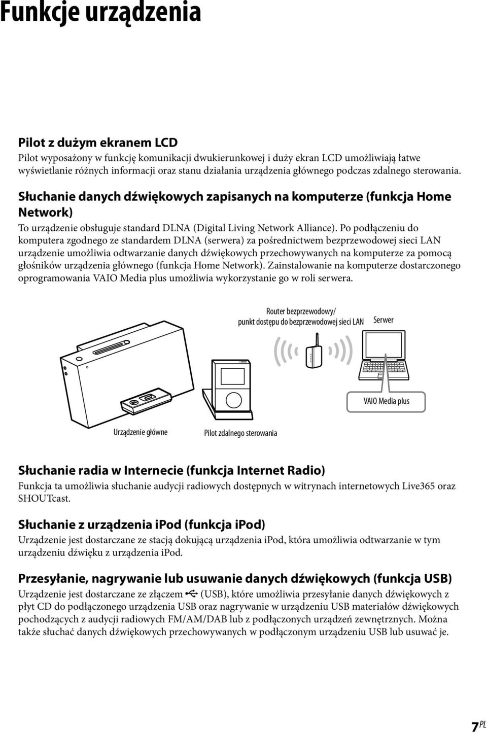 Po podłączeniu do komputera zgodnego ze standardem DLNA (serwera) za pośrednictwem bezprzewodowej sieci LAN urządzenie umożliwia odtwarzanie danych dźwiękowych przechowywanych na komputerze za pomocą