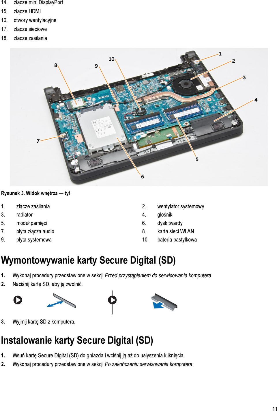 Wykonaj procedury przedstawione w sekcji Przed przystąpieniem do serwisowania komputera. 2. Naciśnij kartę SD, aby ją zwolnić. 3. Wyjmij kartę SD z komputera.