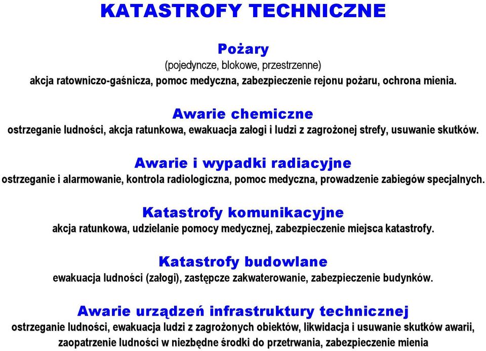 Awarie i wypadki radiacyjne ostrzeganie i alarmowanie, kontrola radiologiczna, pomoc medyczna, prowadzenie zabiegów specjalnych.
