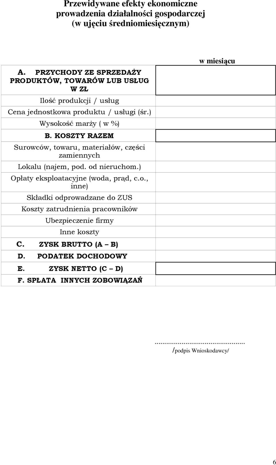 KOSZTY RAZEM Surowców, towaru, materiałów, części zamiennych Lokalu (najem, pod. od nieruchom.) Opłaty eksploatacyjne (woda, prąd, c.o., inne) Składki odprowadzane do ZUS Koszty zatrudnienia pracowników Ubezpieczenie firmy Inne koszty C.