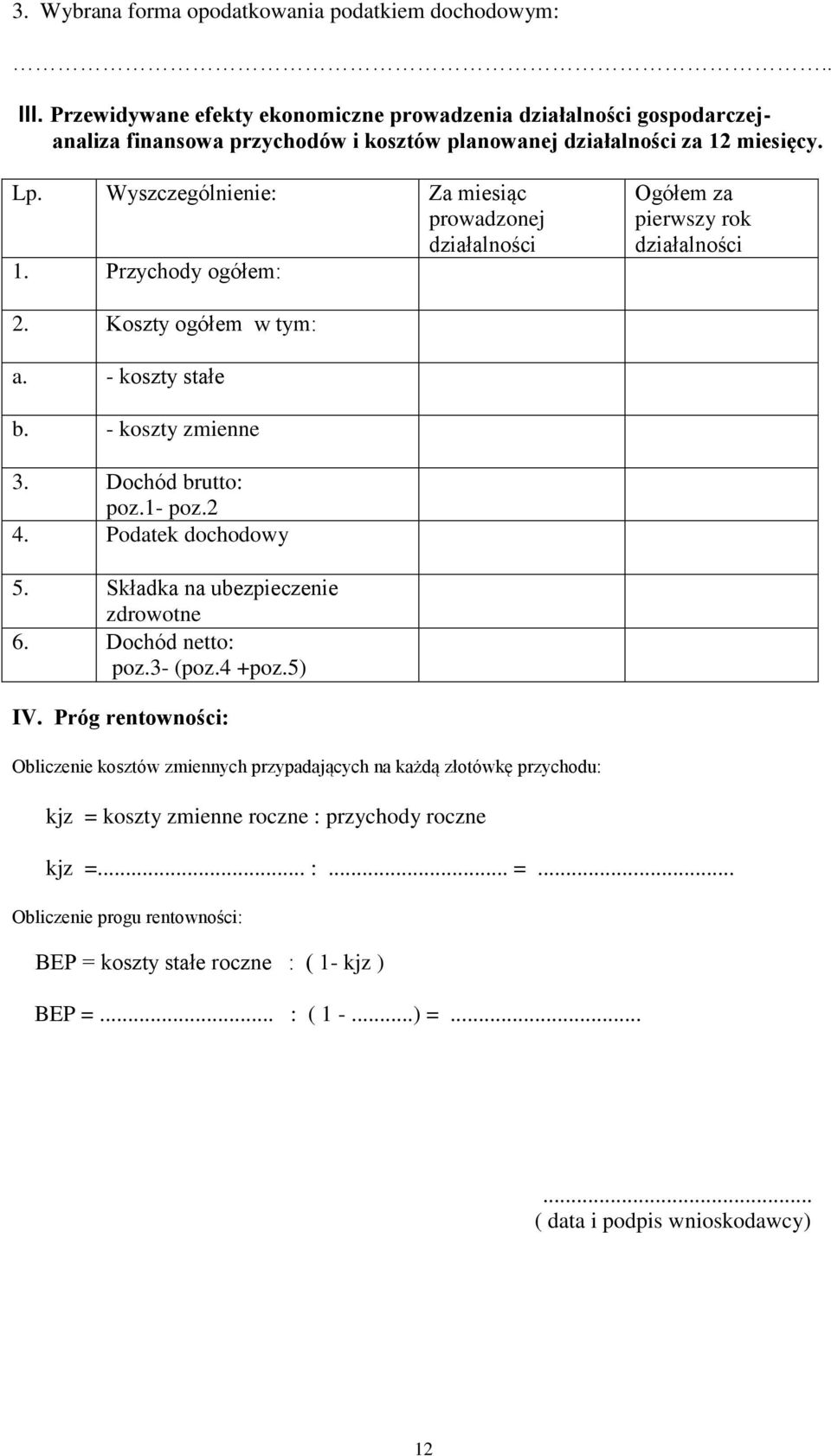 Wyszczególnienie: Za miesiąc prowadzonej działalności 1. Przychody ogółem: Ogółem za pierwszy rok działalności 2. Koszty ogółem w tym: a. - koszty stałe b. - koszty zmienne 3. Dochód brutto: poz.