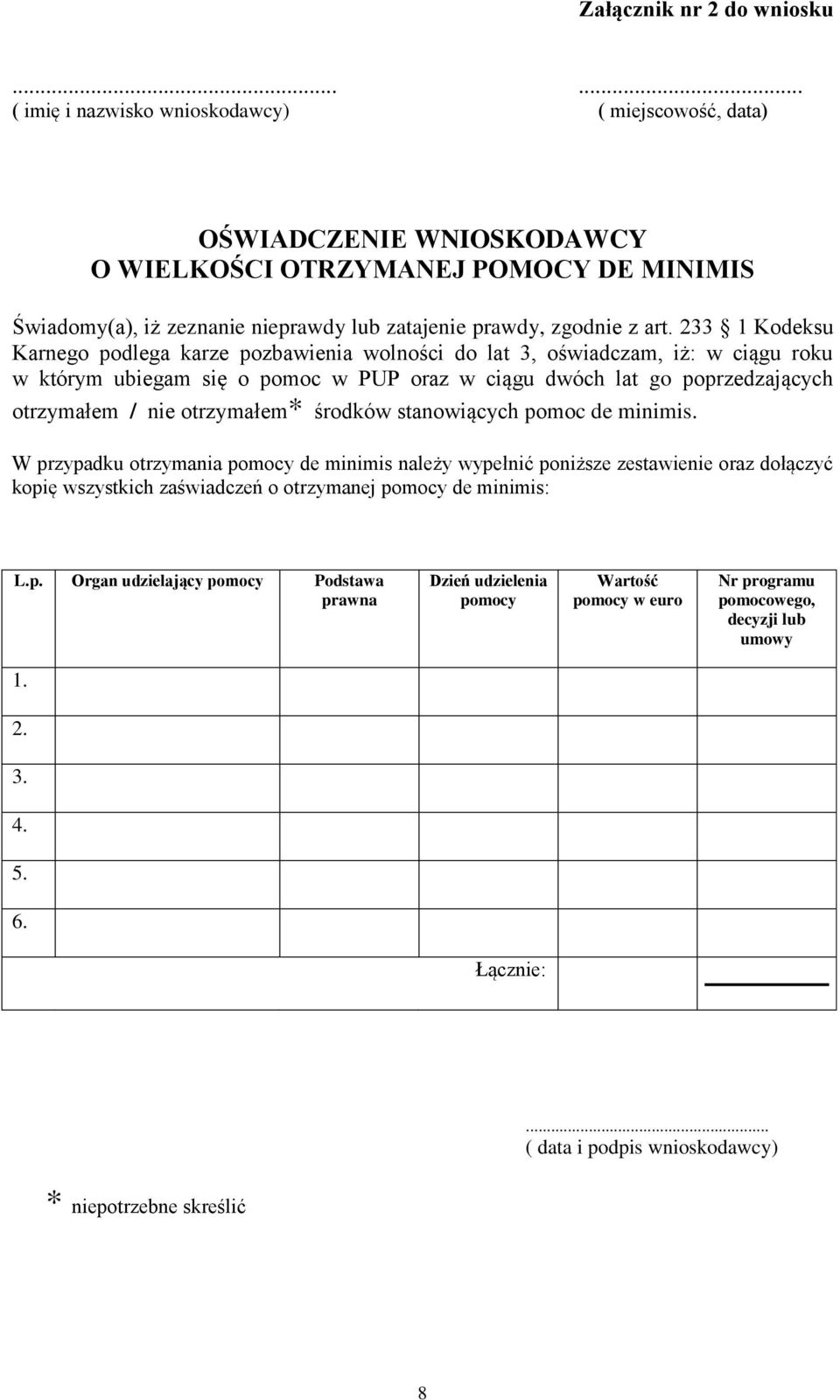 233 1 Kodeksu Karnego podlega karze pozbawienia wolności do lat 3, oświadczam, iż: w ciągu roku w którym ubiegam się o pomoc w PUP oraz w ciągu dwóch lat go poprzedzających otrzymałem / nie